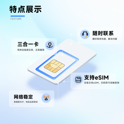300GB/30天  原生英国IP  高速稳定不限速流量卡 支持eSIM 上网卡 娱乐刷视频
